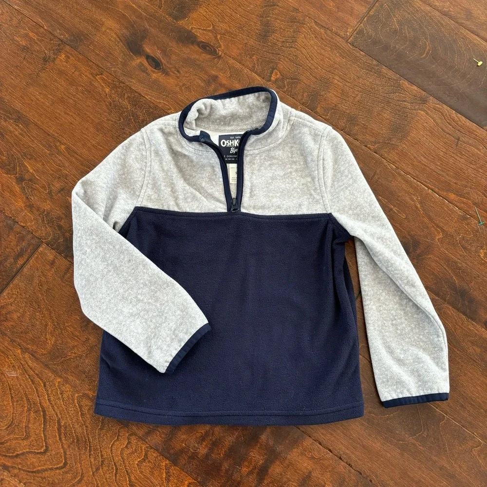 Oshkosh Boys 5T Quarter Zip Fleece Sweatshirt Blue Gray Pullover Soft Cozy‎